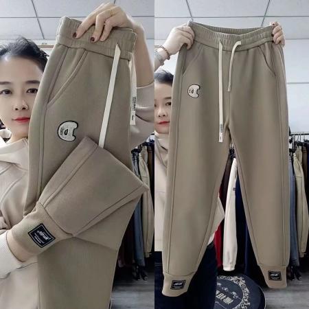 FA46852# 松紧高腰宽松显瘦加绒卫裤女冬季束脚休闲运动哈伦加厚棉裤子  服裝批發女裝批發服飾貨源