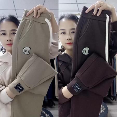 FA46852# 松紧高腰宽松显瘦加绒卫裤女冬季束脚休闲运动哈伦加厚棉裤子  服裝批發女裝批發服飾貨源