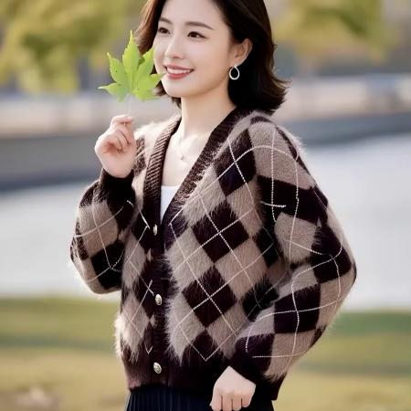 FA46854# 咖色菱格纹别致针织开衫外套秋冬新款小众别致单排扣显瘦长袖  服裝批發女裝批發服飾貨源