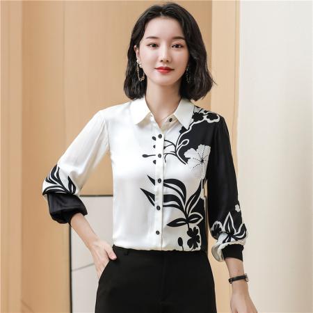 FA46856# 重磅真丝衬衫黑白印花女秋季新款时尚宽松显瘦长袖桑蚕丝上衣  服裝批發女裝批發服飾貨源
