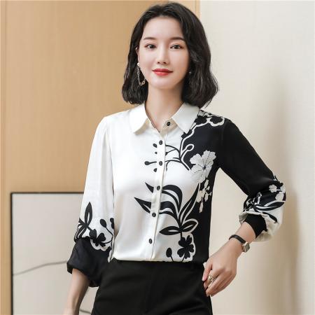 FA46856# 重磅真丝衬衫黑白印花女秋季新款时尚宽松显瘦长袖桑蚕丝上衣  服裝批發女裝批發服飾貨源