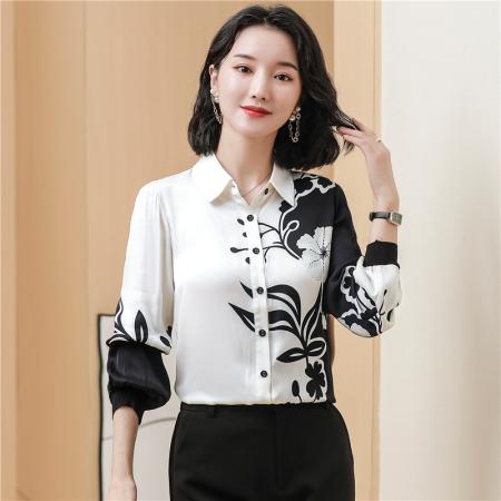 FA46856# 重磅真丝衬衫黑白印花女秋季新款时尚宽松显瘦长袖桑蚕丝上衣  服裝批發女裝批發服飾貨源