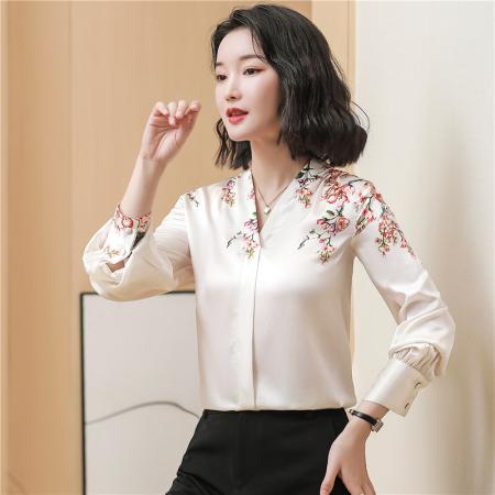 FA46857# 法式V领碎花真丝缎面衬衫女高级设计感小众春秋新款长袖上衣  服裝批發女裝批發服飾貨源