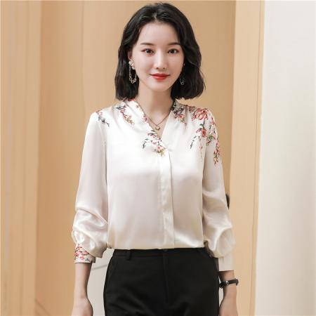 FA46857# 法式V领碎花真丝缎面衬衫女高级设计感小众春秋新款长袖上衣  服裝批發女裝批發服飾貨源