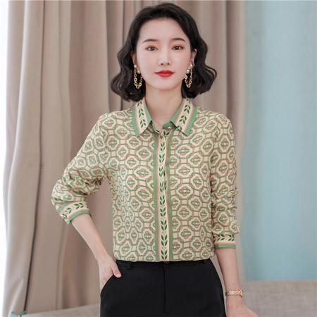 FA46858# 太美了气质淡雅绿早秋新品清新复古调花格印花真丝衬衫ME615  服裝批發女裝批發服飾貨源