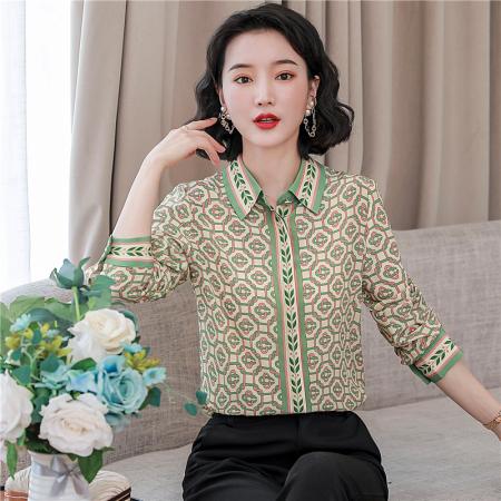 FA46858# 太美了气质淡雅绿早秋新品清新复古调花格印花真丝衬衫ME615  服裝批發女裝批發服飾貨源
