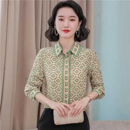 FA46858# 太美了气质淡雅绿早秋新品清新复古调花格印花真丝衬衫ME615  服裝批發女裝批發服飾貨源