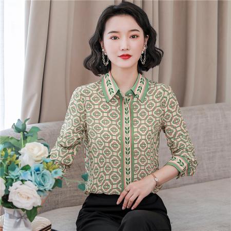FA46858# 太美了气质淡雅绿早秋新品清新复古调花格印花真丝衬衫ME615  服裝批發女裝批發服飾貨源
