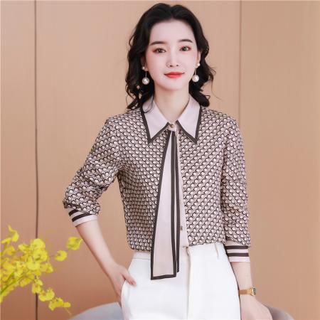 FA46859# 重磅真丝长袖衬衫女高级感秋装新款领带垂感桑蚕丝高端上衣  服裝批發女裝批發服飾貨源