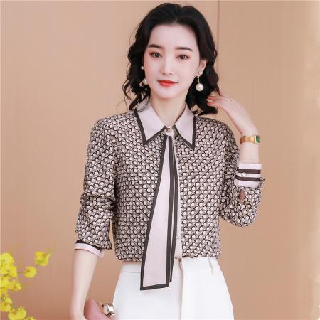 FA46859# 重磅真丝长袖衬衫女高级感秋装新款领带垂感桑蚕丝高端上衣  服裝批發女裝批發服飾貨源