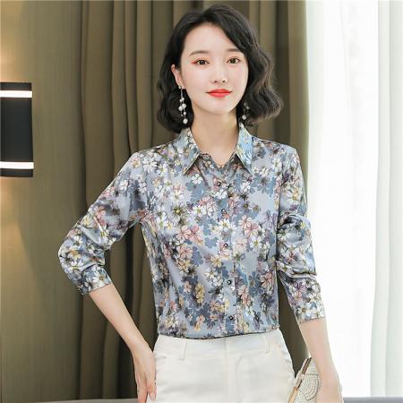 FA46860# 女士衬衫秋装新款时尚大码印花长袖洋气桑蚕丝上衣  服裝批發女裝批發服飾貨源