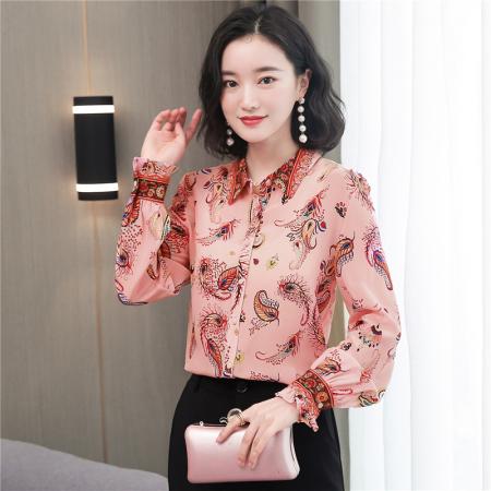 FA46862# 真丝衬衫女秋新款喇叭袖立领碎花设计感小众港风桑蚕丝上衣  服裝批發女裝批發服飾貨源