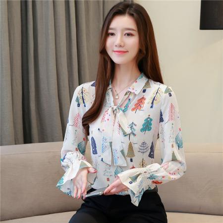 FA46863# 印花衬衫女秋装新款轻熟蝴蝶结碎花雪纺上衣女春季长袖衬衣潮  服裝批發女裝批發服飾貨源