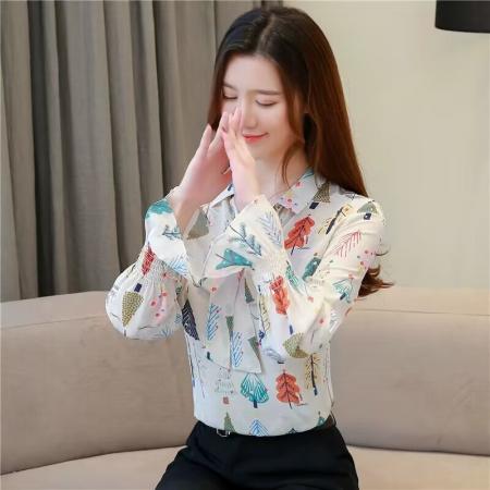 FA46863# 印花衬衫女秋装新款轻熟蝴蝶结碎花雪纺上衣女春季长袖衬衣潮  服裝批發女裝批發服飾貨源