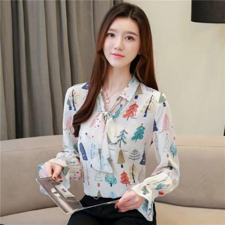 FA46863# 印花衬衫女秋装新款轻熟蝴蝶结碎花雪纺上衣女春季长袖衬衣潮  服裝批發女裝批發服飾貨源