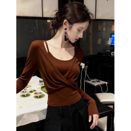 FA46865# 绝美巨好看早秋内搭上衣女设计感小众气质高端咖色假两件长袖T恤  服裝批發女裝批發服飾貨源