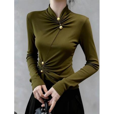 FA46866# 秋季韩系漂亮小上衣高级感时尚洋气巨好看修身显瘦绿色内搭打底衫  服裝批發女裝批發服飾貨源