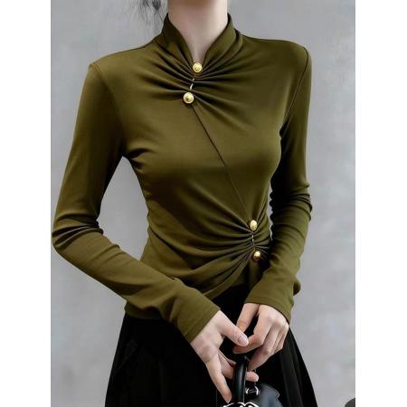 FA46866# 秋季韩系漂亮小上衣高级感时尚洋气巨好看修身显瘦绿色内搭打底衫  服裝批發女裝批發服飾貨源