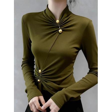 FA46866# 秋季韩系漂亮小上衣高级感时尚洋气巨好看修身显瘦绿色内搭打底衫  服裝批發女裝批發服飾貨源