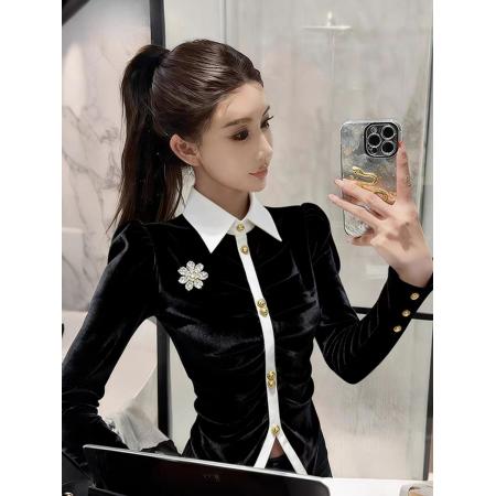 FA46867# 高端小资小上衣轻奢高级感法式气质职业收腰黑色拼接丝绒衬衫女秋  服裝批發女裝批發服飾貨源