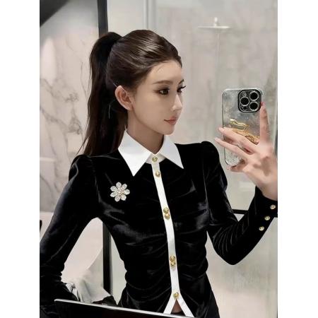 FA46867# 高端小资小上衣轻奢高级感法式气质职业收腰黑色拼接丝绒衬衫女秋  服裝批發女裝批發服飾貨源