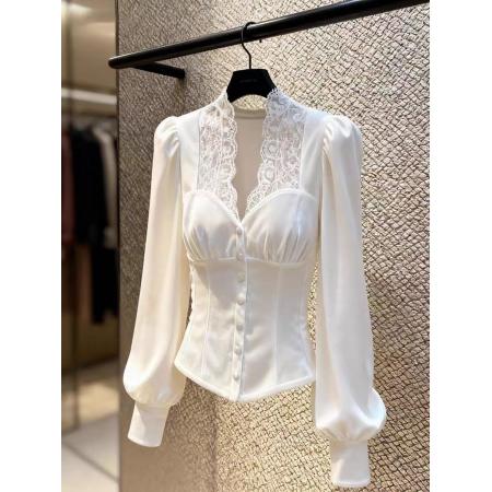 FA46868# 高端小资小上衣巨好看高级感气质御姐掐腰蕾丝拼接白色丝绒衬衫冬  服裝批發女裝批發服飾貨源
