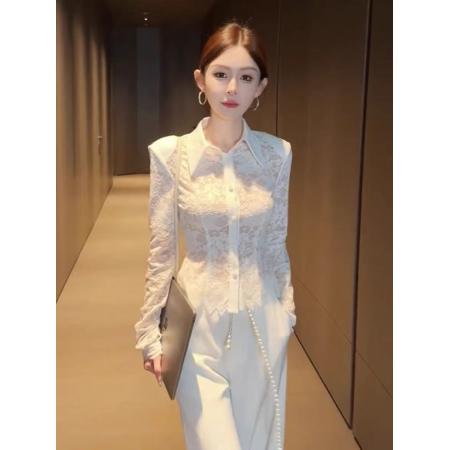 FA46869# 秋季绝美小上衣炸街独特漂亮小衫轻奢高级感减龄洋气白色蕾丝衬衫  服裝批發女裝批發服飾貨源