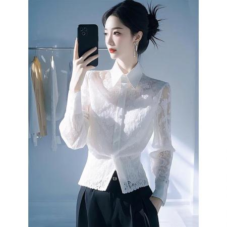 FA46869# 秋季绝美小上衣炸街独特漂亮小衫轻奢高级感减龄洋气白色蕾丝衬衫  服裝批發女裝批發服飾貨源