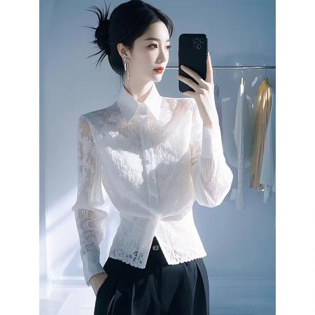FA46869# 秋季绝美小上衣炸街独特漂亮小衫轻奢高级感减龄洋气白色蕾丝衬衫  服裝批發女裝批發服飾貨源