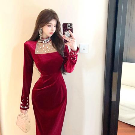 FA46871# 欧洲站秋冬新款重工钉珠礼服金丝绒气质开叉中长款连衣裙  服裝批發女裝批發服飾貨源