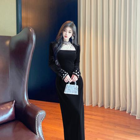 FA46871# 欧洲站秋冬新款重工钉珠礼服金丝绒气质开叉中长款连衣裙  服裝批發女裝批發服飾貨源