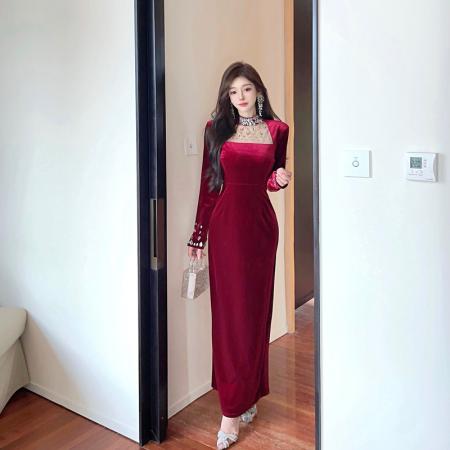 FA46871# 欧洲站秋冬新款重工钉珠礼服金丝绒气质开叉中长款连衣裙  服裝批發女裝批發服飾貨源