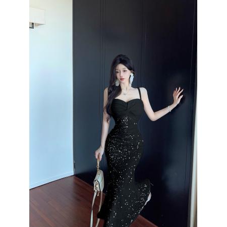 FA46872# 纯欲轻熟风高级感丝绒亮片V领鱼尾包臀修身吊带打底连衣裙  服裝批發女裝批發服飾貨源