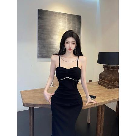 FA46873# 纯欲性感镶钻气质修身显瘦包臀鱼尾打底吊带中长款连衣裙  服裝批發女裝批發服飾貨源