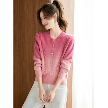 FA46875# 渐变色v领毛衣女秋冬新款爆款宽松显瘦针织衫打底流苏上衣  服裝批發女裝批發服飾貨源