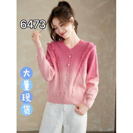 FA46875# 渐变色v领毛衣女秋冬新款爆款宽松显瘦针织衫打底流苏上衣  服裝批發女裝批發服飾貨源