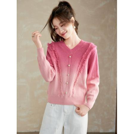 FA46875# 渐变色v领毛衣女秋冬新款爆款宽松显瘦针织衫打底流苏上衣  服裝批發女裝批發服飾貨源