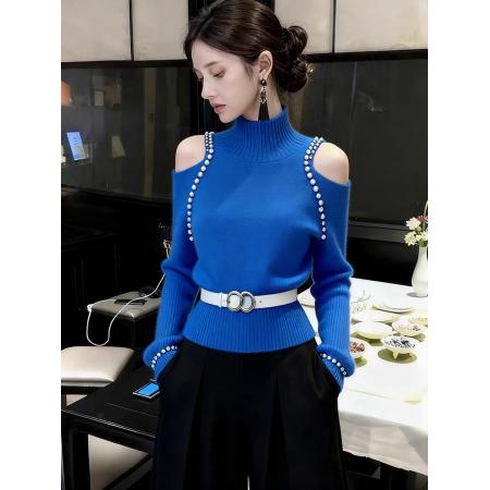 FA46878# 蓝色高领露肩毛衣女秋高级感独特漂亮减龄气质小香风掐腰针织上衣  服裝批發女裝批發服飾貨源