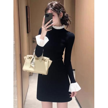 FA46882# 早秋精致小个子穿搭高级感巨好看重要场合赫本风黑色拼接连衣裙女  服裝批發女裝批發服飾貨源