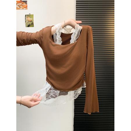 FA46883# 纯欲辣妹蕾丝拼接挂脖长袖T恤收腰显瘦假两件打底衫气质上衣  服裝批發女裝批發服飾貨源