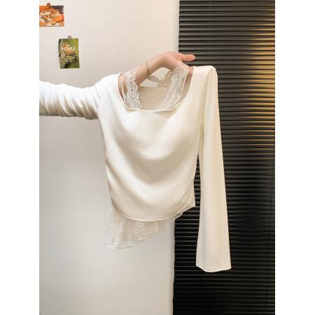 FA46883# 纯欲辣妹蕾丝拼接挂脖长袖T恤收腰显瘦假两件打底衫气质上衣  服裝批發女裝批發服飾貨源