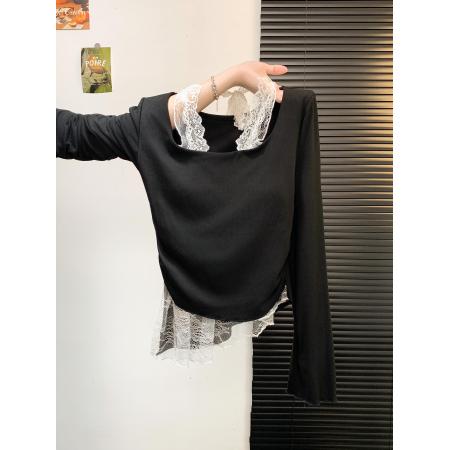 FA46883# 纯欲辣妹蕾丝拼接挂脖长袖T恤收腰显瘦假两件打底衫气质上衣  服裝批發女裝批發服飾貨源