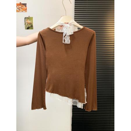 FA46883# 纯欲辣妹蕾丝拼接挂脖长袖T恤收腰显瘦假两件打底衫气质上衣  服裝批發女裝批發服飾貨源