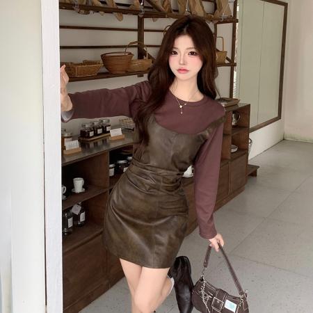 FA46884# 秋季新款设计感小众打底内搭上衣女高级感气质pu皮吊带裙套装  服裝批發女裝批發服飾貨源