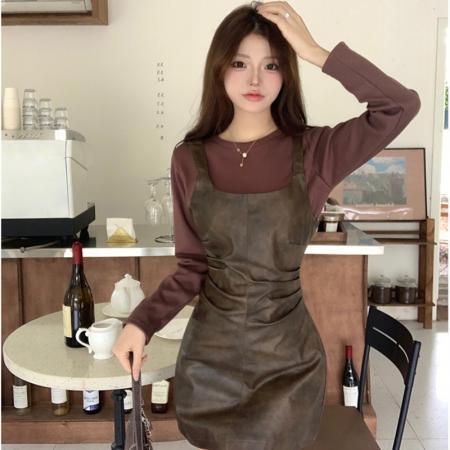 FA46884# 秋季新款设计感小众打底内搭上衣女高级感气质pu皮吊带裙套装  服裝批發女裝批發服飾貨源