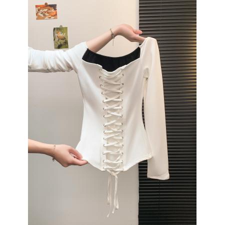 FA46885# 一字肩绑带撞色拼接针织T恤女设计感修身收腰辣妹风长袖上衣  服裝批發女裝批發服飾貨源