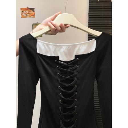 FA46885# 一字肩绑带撞色拼接针织T恤女设计感修身收腰辣妹风长袖上衣  服裝批發女裝批發服飾貨源