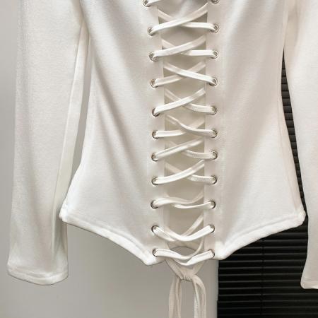 FA46885# 一字肩绑带撞色拼接针织T恤女设计感修身收腰辣妹风长袖上衣  服裝批發女裝批發服飾貨源