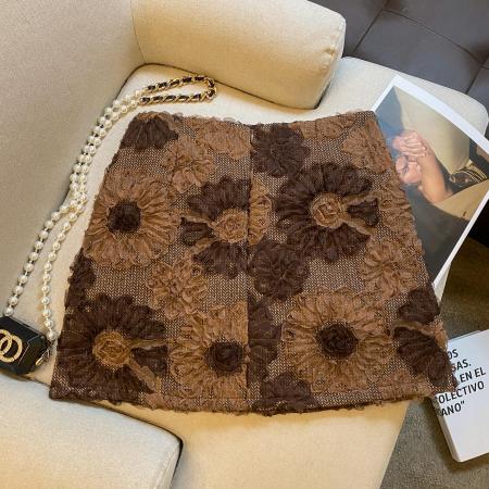 FA46886# 立体花朵刺绣毛呢包臀裙A字裙秋冬短裙古典文艺感百搭半身裙  服裝批發女裝批發服飾貨源