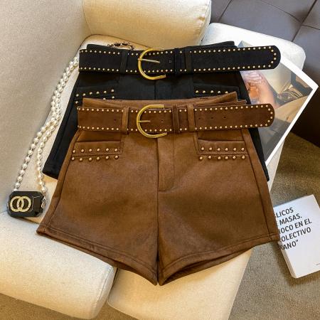 FA46888# 加厚高腰提臀显瘦卡其色短裤女冬季新款韩版百搭a字靴裤  服裝批發女裝批發服飾貨源